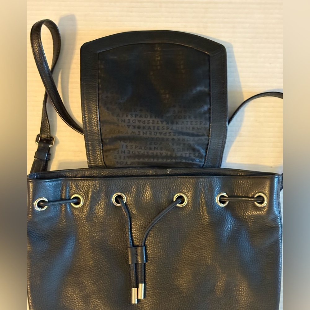 Kate Spade Flap Backpack Black Pebbled Leather Drawstring Bag - Picture 2 of 7